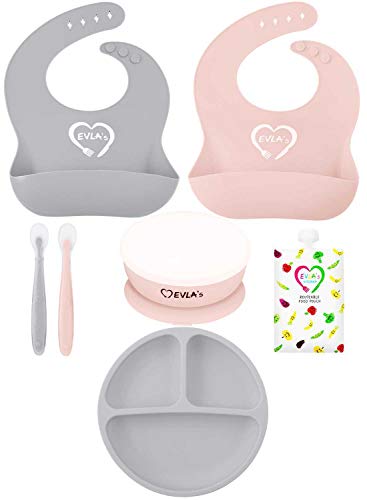EVLA'S Baby Feeding Set, Baby Led Weaning Supplies, Adjustable Silicone Bibs, Divided Plate, Suction Bowl with Lid, Soft Spoons for Babies or Toddlers, Baby Registry must have!(Pink and Gray) Pink & Grey