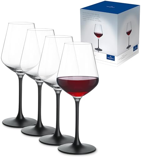Villeroy & Boch Manufacture Rock Red Goblet, Set of 4, Crystal Wine Glasses in Exciting Black, Dishwasher Safe Modern