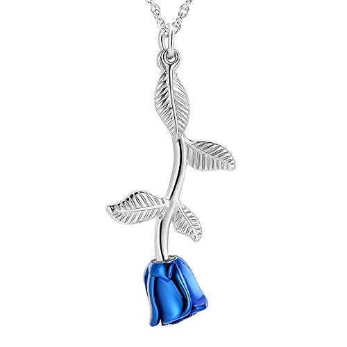 shajwo Rose Flower Urn Necklace Cremation Jewelry for Ashes Silver+blue
