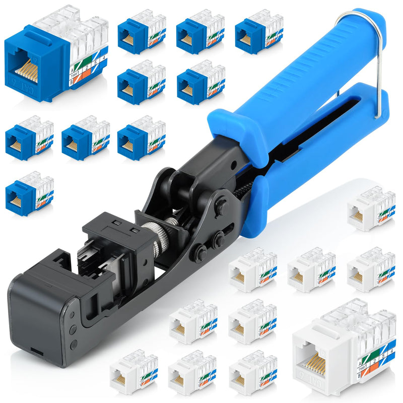 Everest easyJACK - 90° Angled Speed Termination Keystone Tool Set - with 20-Pack of RJ45 Slim Profile Cat6 Keystone Jacks (10 Blue & 10 White) - Time Saver Network Cat6 Punchdown Tool Multicolored