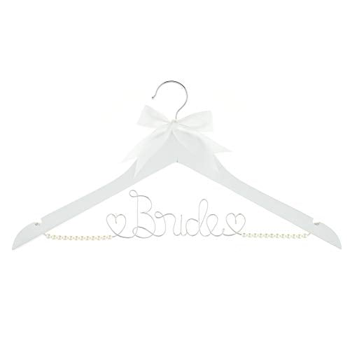 Bride to Be Wedding Dress Hanger Wooden and Wire Hangers for Brides Gowns, Dresses (White with Silver Wire and Strand Pearls) White With Silver Wire and Strand Pearls