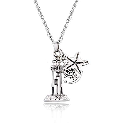Gredstar Lighthouse Urn Necklace for Ashes, Ocean Memorial Pendant Lighthouse + Anchor + Starfish