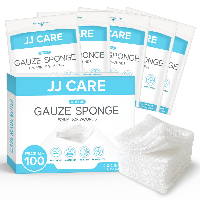 [Australia - AusPower] - JJ CARE Sterile Gauze Pads 2" x 2" (Pack of 100), 12-Ply Cotton Gauze Pads, Individually-Wrapped Sterile Gauze Sponges, 100% Woven, Non-Stick Medical Gauze Pads for First Aid Kit & Wound Care 2x2 Inch (Pack of 100) 