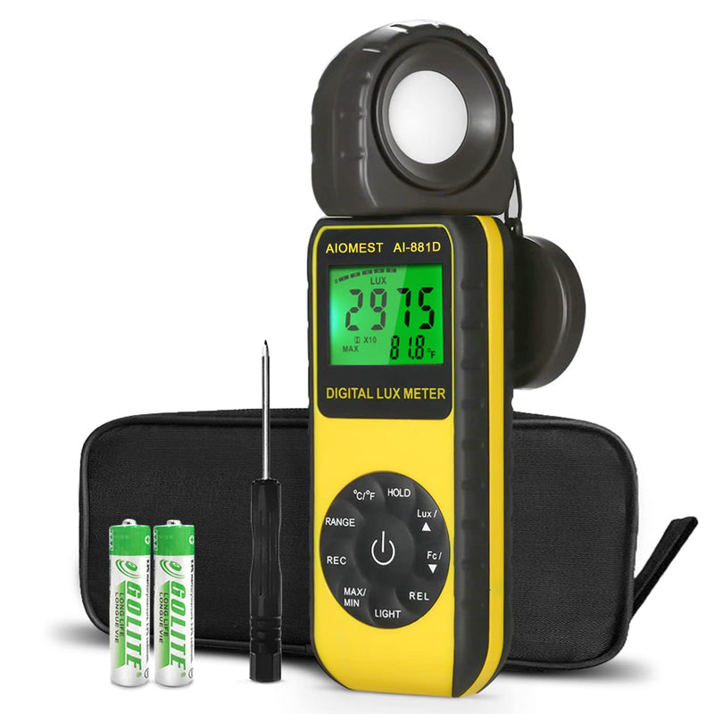 Digital Lux/Foot Candle Light Meter, AIOMEST Illuminance Lumen Tester 0.01~400,000 Lux, Handheld Luxometro AI-881D for LED Plant Grow Lighting, Luxmeter w/Data Logging & Rotatable Detector AI-881D (0.1~400,000Lux)