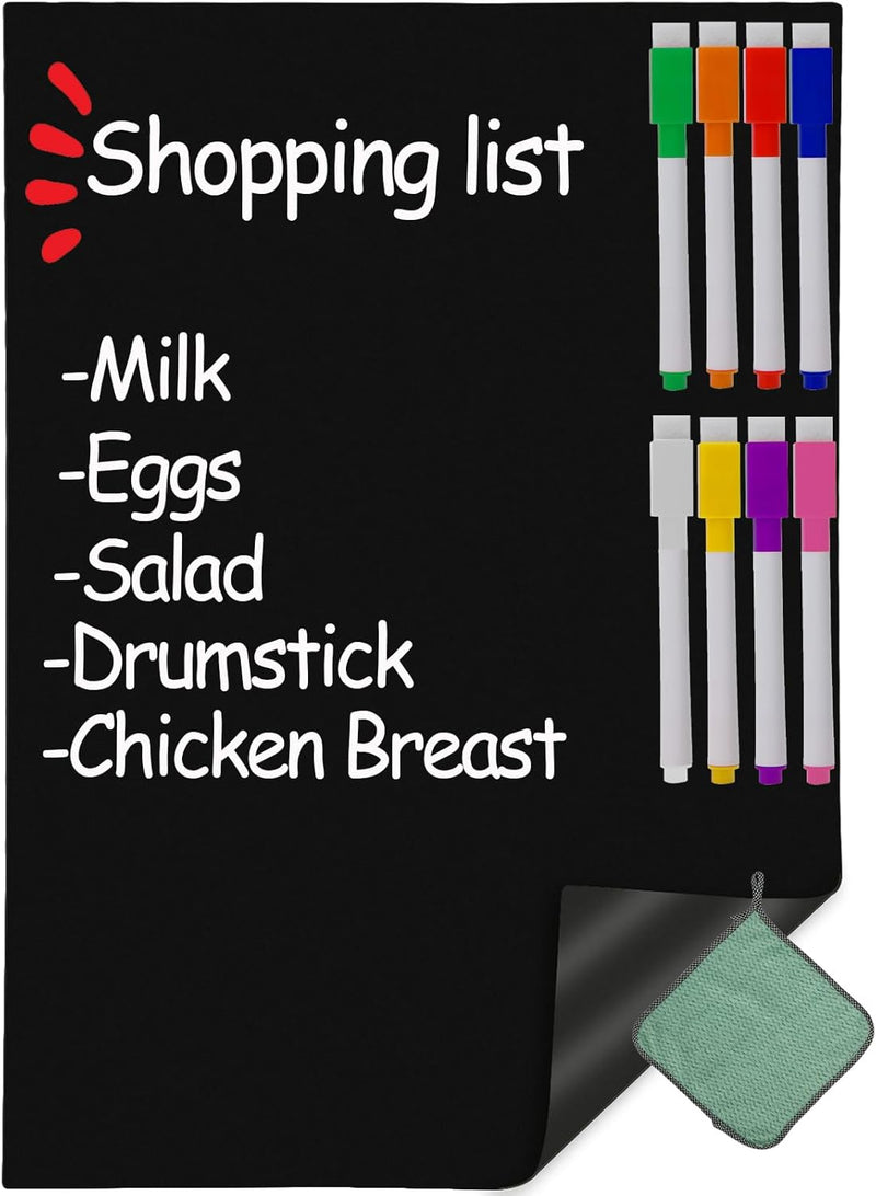[Australia - AusPower] - Magnetic Black Dry Erase Board for Fridge with Bright Neon Chalk Markers (12x8") - 4 Liquid Blackboard Markers with Magnet, Small Chalkboard Magnet White Board Refrigerator Magnetic Whiteboard Sheet 12x8 