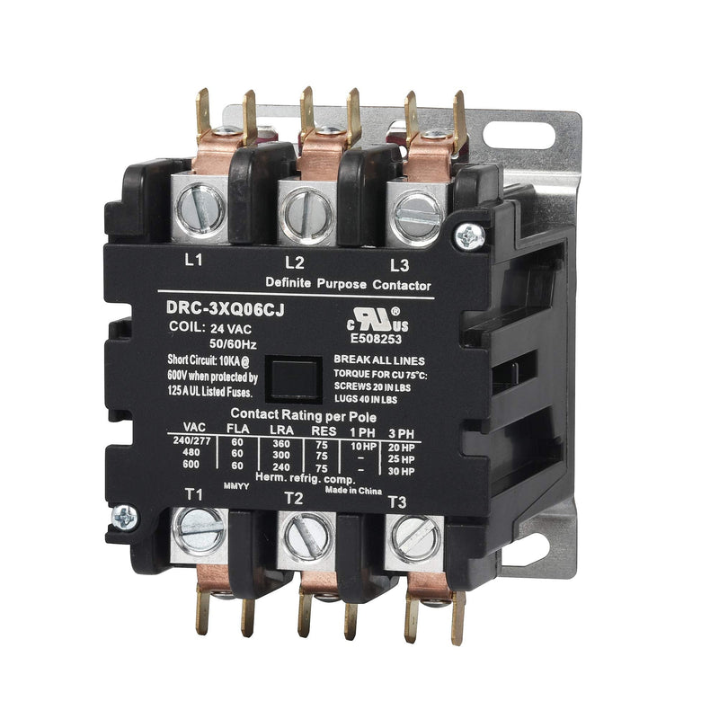 [Australia - AusPower] - 60 Amp 3 pole Contactor 24v coil SunLee Definite Purpose Contactor A2L Compliant UL Recognized & Approved for UL 60335 HVAC Contactor 42EF35AJ equivalent NEMA 3P 60A 24VAC 