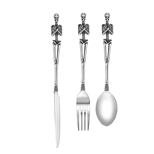 Skeleton Skull Silverware Set, LOYEH Stainless Steel Spoon Fork and Knife Flatware Tableware Design Modern Look Great Gifts For Halloween Easter and Christmas (SKULL - 3 IN ONE) Silver Skeleton Design 3 in 1