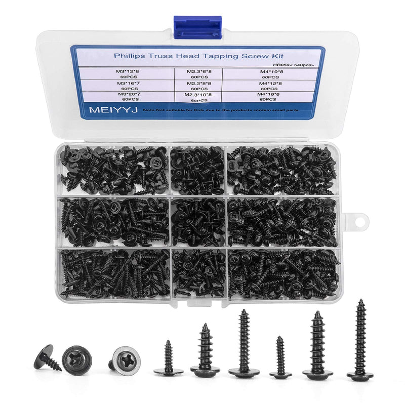 [Australia - AusPower] - 540pcs M2.3 M2.6 M3 Phillips Truss Head Tapping Screw Wafer Head with Washer, Self Tapping Screw Assortment Kit, Black Carbon Steel. 