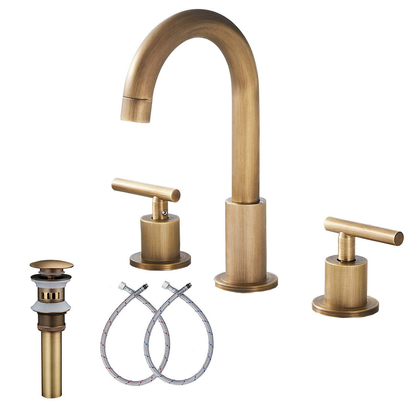 2-Handle Bathroom Faucet 3 Holes 360 Swivel Spout Antique Brass Widespread Bathroom Sink Faucet with Pop Up Drain Brass Antique