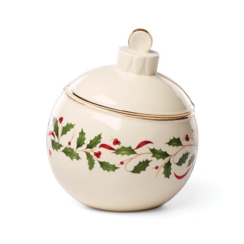 Lenox Holiday Christmas ornament cookie jar shaped like a candy jar with festive holiday design, perfect for Christmas decor.