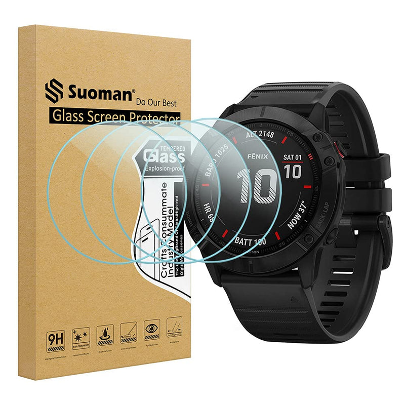 [Australia - AusPower] - Suoman 4-Pack for Garmin Fenix 6X Pro / 6X Pro Solar / 6X Sapphire Screen Protector, 2.5D 9H Hardness Tempered Glass for Garmin Fenix 6X Pro / 6X Pro Solar / 6X Sapphire Smartwatch Clear*4 