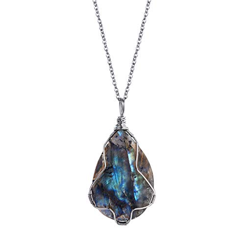 Labradorite Pendant Necklace for Unisex Natural Crystal Wire Wrap for Gifts