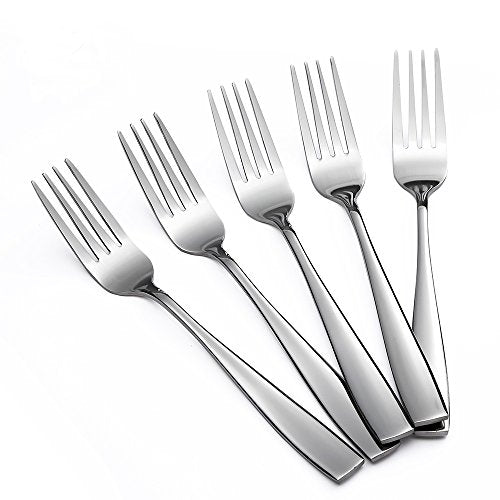 Eslite 24-piece stainless steel salad forks set, 8-inch size, featuring sleek, polished handles and four sets of six forks.