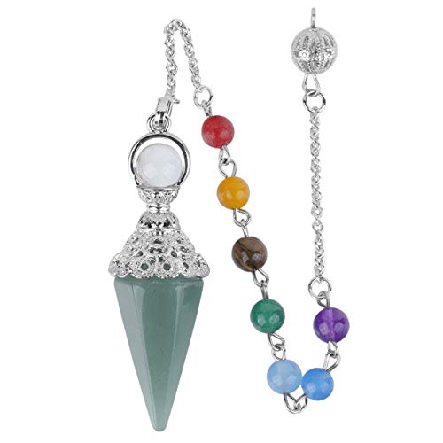 Rockcloud Natural Crystal Pointed Pendulum with 7 Chakra Stone Beads Chain Green Green Aventurine Crystal Stone