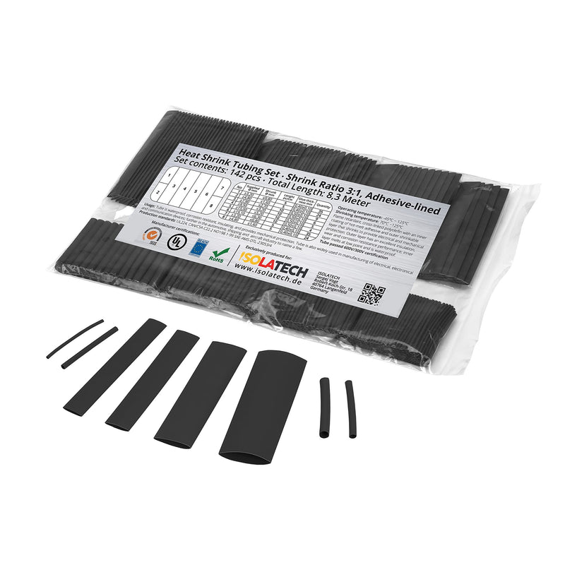 142-piece set 3:1 with adhesive heat shrink tubing assortment Set with total length of 8.3 m. Waterproof thanks to hot glue layer on the inside. By Isolatech. | Blank 8.3 m total length, in plastic bag, hot glue layer for waterproof connections, made o...