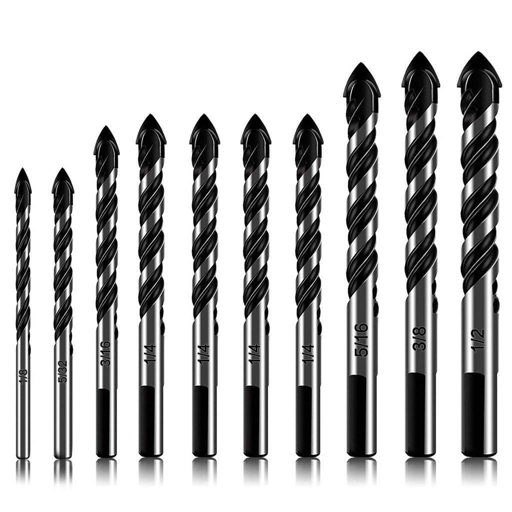 10-Piece Masonry Drill Bits Set for Tile Glass Ceramic Brick Wood, 1/8 to 1/2 Inch Drilling Bits with Triangle Handle, YG8 Tungsten Steel Alloy Tip.?Black? 10 Piece Masonry Drill Bit