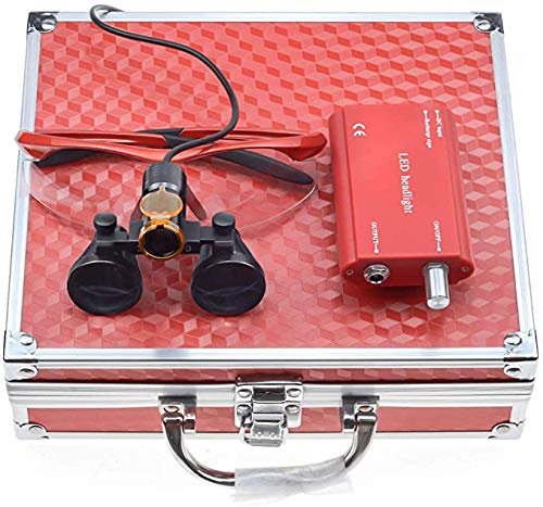 BoNew 3.5X Surgical Binoculars Magnifier Optical Glass 5W LED Headlight Powerful with Clip On Filter Aluminum Box (Red)