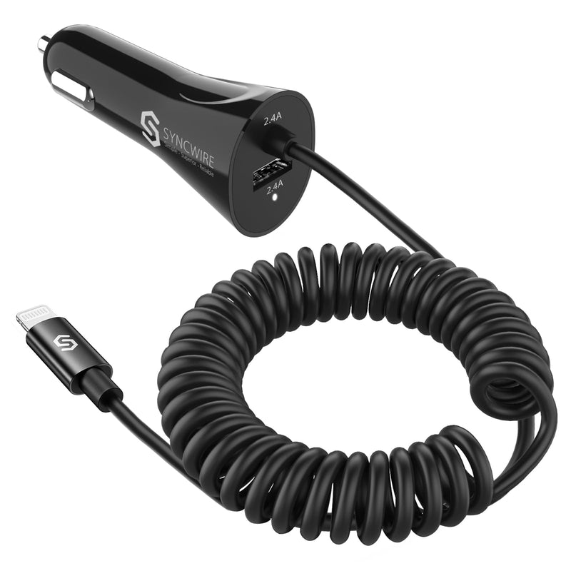 [Australia - AusPower] - Syncwire iPhone Car Charger - Upgrade [Apple MFi Certified] 4.8A/24W Car Charging Adapter with Built-in Coiled Lightning Cable for Apple iPhone 14/13/12/11/Xs/XS Max/XR/X/8/7/6 Plus, iPad & More 5FT 