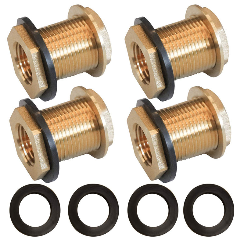 Hourleey Solid Brass Bulkhead Fitting, 1/2" Female 3/4" Male GHT Solid Brass Water Tank Connector Theaded with Rubber Ring, 4 set 4 Pack