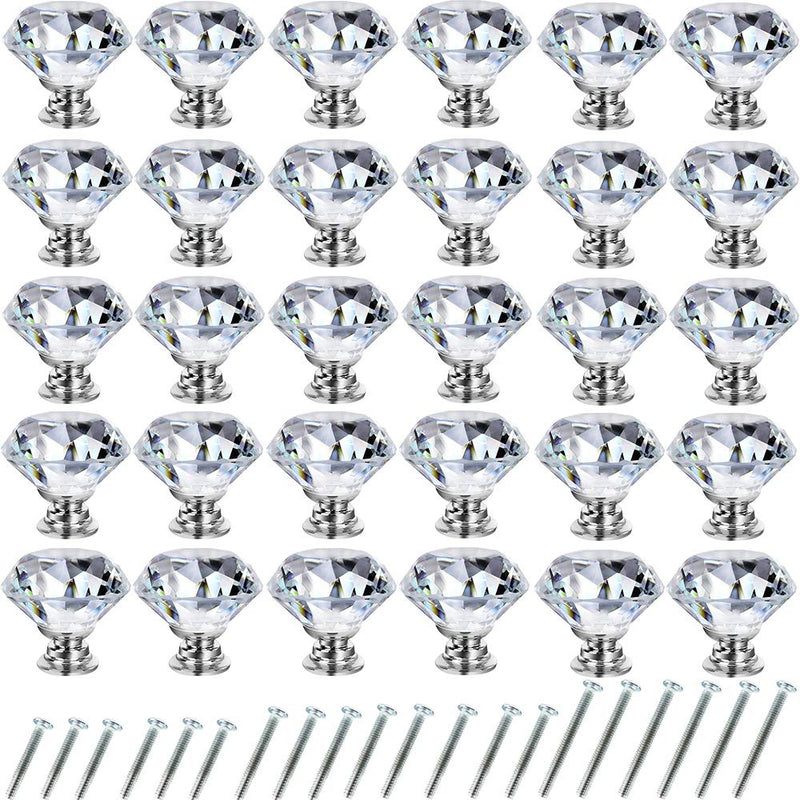 NORTHERN BROTHERS 30 Pack 30mm Crystal Cabinet Knobs, Diamond Glass Drawer Knobs with 3 Screw Sizes, for Dresser, Kitchen & Bathroom, Silver 30 Pack (30mm)