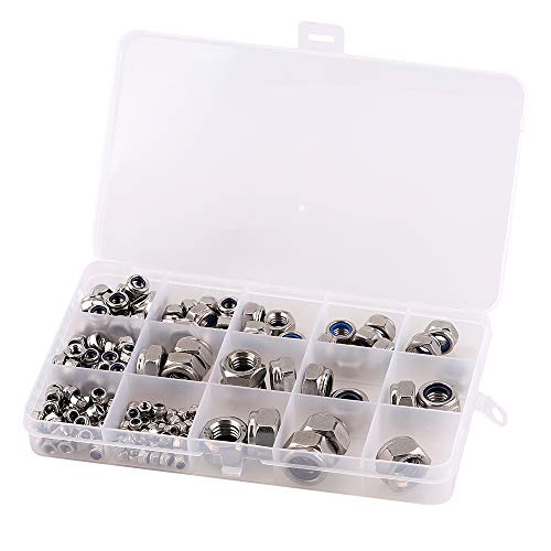 szzijia hexagonal nylon lock nut set, M3 to M12 sizes, 304 stainless steel, 170 pieces in storage boxes