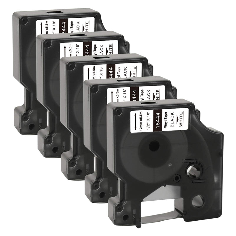 TITBIT 18444 Permanent Vinyl Label Tape 1/2" Replacement for DYMO Rhino 18444 Fit with DYMO Rhino 4200 5200 5000 6000 6500 Industrial Label Maker,12mm(1/2 Inch) x 18 feet Black on White,5 Pack 5