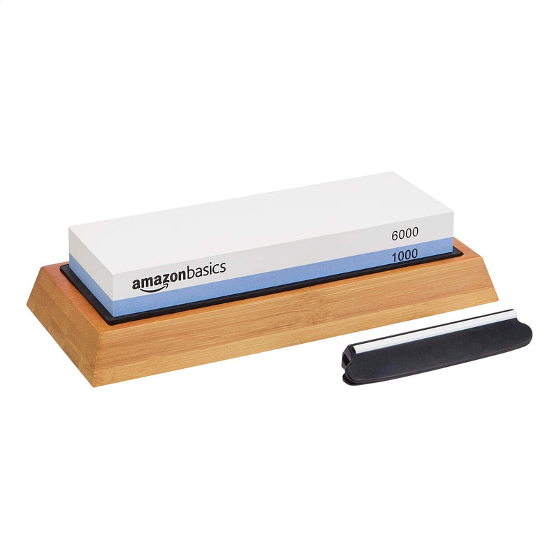 Amazon Basics Whetstone for Knife Sharpening with Water, 1000/6000 Grit on Both Sides, Non-Slip Bamboo Base, Black/Blue/White, ‎18 cm x 6.1 cm x 2.8 cm Grit: 1000/6000
