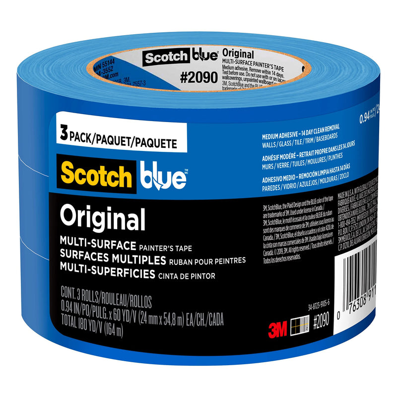 ScotchBlue Original Painter's Tape, 0.94 Inches x 60 Yards, 3 Rolls, Blue, Protects Surfaces and Removes Easily, For Indoor and Outdoor Use Pack of 1