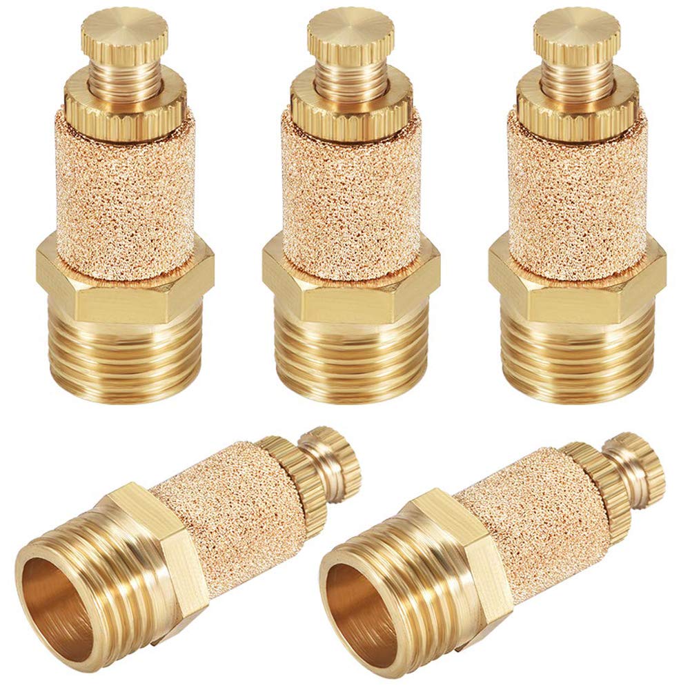 5Pcs 1/4 Male Thread Pneumatic Silencer Muffler Fitting, Top Adjustable Air Flow Speed Controller, Sintered Bronze Exhaust Muffler