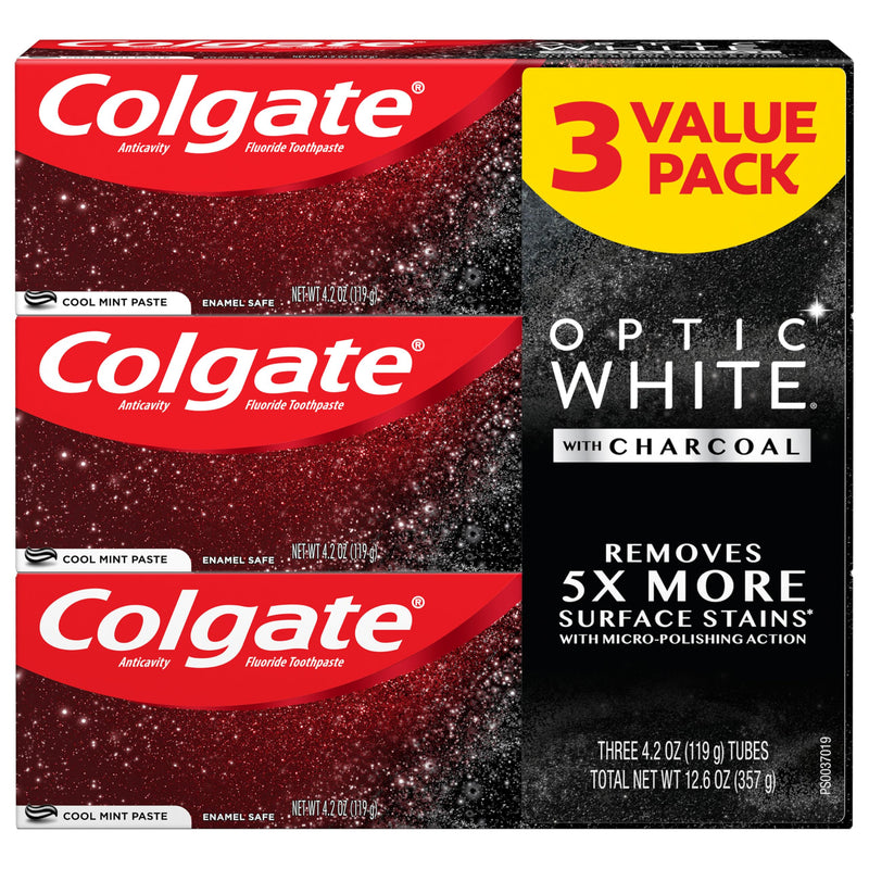 Colgate Optic White with Charcoal Whitening Toothpaste, Cool Mint Flavor, Safely Removes Surface Stains, Enamel-Safe for Daily Use, Teeth Whitening Toothpaste with Fluoride, 3 Pack, 4.2 Oz Tube 0.33 Ounce (Pack of 3)