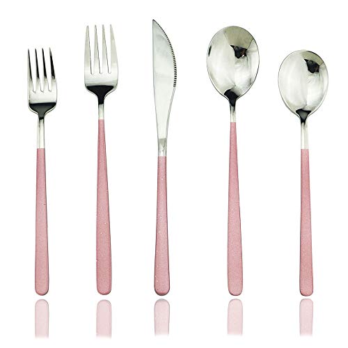 JASHII 20-Piece SUS304 Stainless Steel Flatware Set, Mirror Polishing Dinnerware Set Service for 4, Knife/Fork/Spoon/Dessert Spoon/Dessert Fork (Pink silver) Pink silver