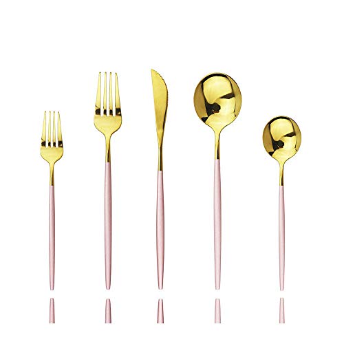 Pink Gold Silverware Set, JASHII 20-Piece Stainless Steel Satin Finish Flatware Set, Kitchen Utensil Set, Mirror Polished Tableware Cutlery Set for Home and Restaurant, Dishwasher Safe Service for 4 Pink Gold