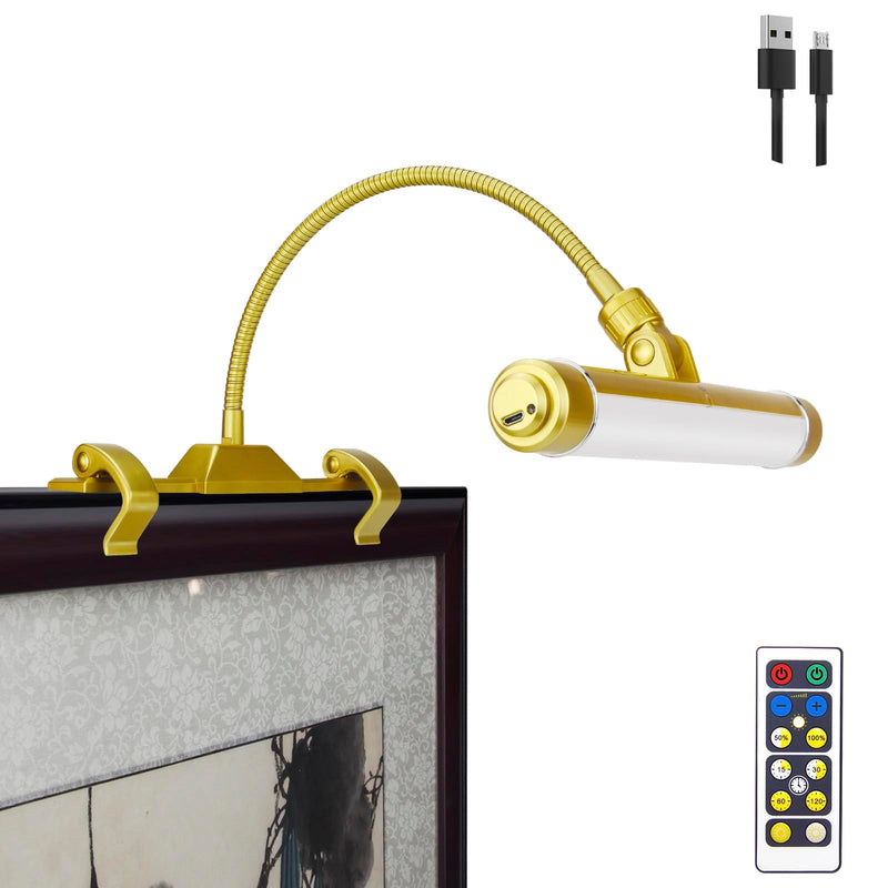 LUXSWAY Wireless Picture Frame Led Lighting,Rechargeable Art Display Lighting Clip on Pictures,Over Painting Lights with Remote,Artwork Lamp with Flexible Neck,28 LEDs 3 Lighting Modes 200LM-Gold G Gold Rechargeable-3 Mode-Flexible Neck