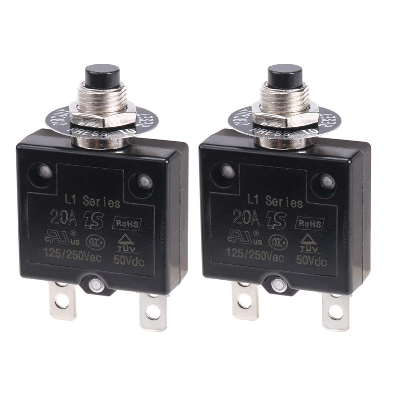 [Australia - AusPower] - Thermal Circuit Breaker 20 Amps, Thermal Overload Protector L1 Series 125-250V AC 50V DC Push Button Manual Reset Circuit Breaker 20A 2 Pcs 