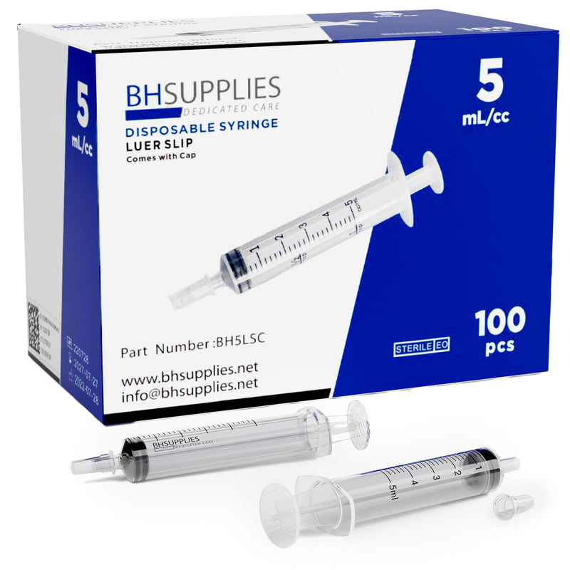 [Australia - AusPower] - BH Supplies 5ml Oral Syringe with Cap (No Needle) - Sterile, Individually Wrapped - 100 Syringe 5 mL - Luer Slip Cap 100.0 