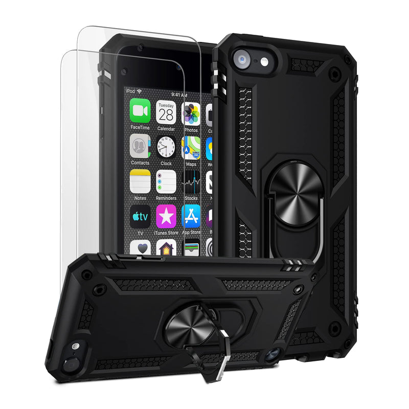 [Australia - AusPower] - ULAK Compatible with iPod Touch 7 Case/iPod Touch 6 Case with 2 HD Screen Protectors, Hybrid Rugged Shockproof Cover with Built-in Kickstand for iPod Touch 7th/6th/5th Generation (Black) Black 