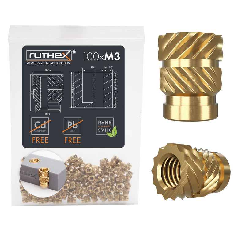 [Australia - AusPower] - ruthex M3 Threaded Inserts - 100 Pieces RX-M3x5.7 Brass Heat Set Insert for Plastic Parts - Metric knurled Nuts - Insert by Heat into 3D Printing Components M3x5.7 (100pcs) Metric Threaded Insert 