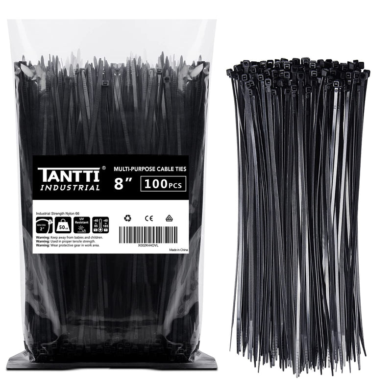 [Australia - AusPower] - Zip Ties 8 inch Black Zip Ties with 50 Pounds Tensile Strength,Cable Ties,100 Pack, by Tantti Supply 8" (100 Pack) 