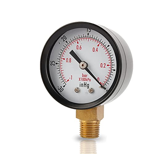 Vacuum Pressure Gauge, Vacuum Gauge 2 Inch for Air Compressor Water Oil Gas 1/4 Inch NPT Lower Bracket MF.0 ~ -30inHg 0 ~ -1bar Universal Vacuum Pressure Gauge with 50 Diameters 1/4 NPT