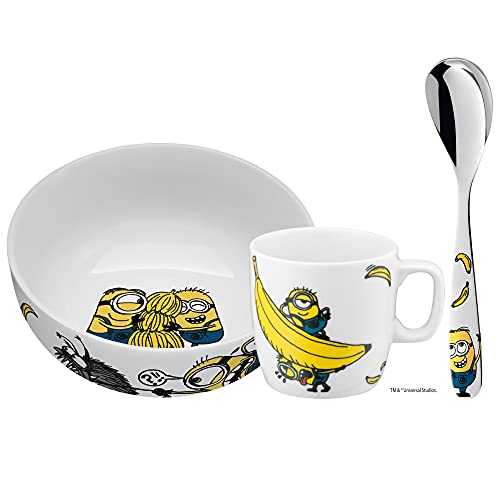 WMF Minions Kindergeschirr mit Löffel 3-teilig from 3 Years, Plate, Cup, Children's Spoon, Breakfast Set, Porcelain, Dishwasher, Colour and Food Safe, 3-piece ミニオン Cartoon