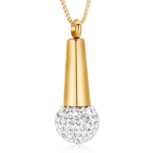 XSMZB Microphone Urn Necklace for Ashes Stainless Steel Crystal Keepsake Memorial Cremation Jewelry for Ashes Pendant Locket Gold