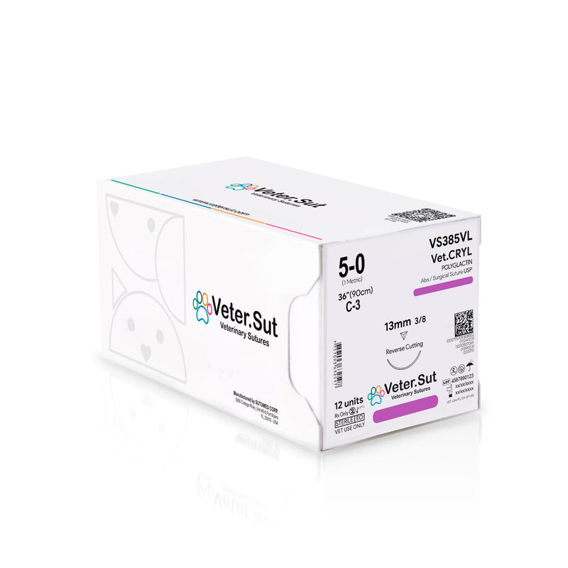 [Australia - AusPower] - VeterSut VetCRYL Absorbable Polyglactin Surgical Suture USP Size 5-0, (C-3) 3/8 13mm Reverse Cutting Needle, 36 Inches (90 cm), 12 Count, Veterinary Use 
