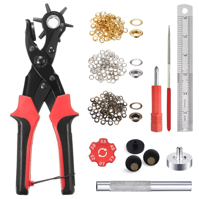 Leather Hole Punch Tool for Belt - Multi Hole Sizes Puncher for Belts, Watch Bands, Straps, Dog Collars, Saddles, Shoes, Fabric, DIY Home or Craft Projects - with 5/32" Grommet Eyelet Kit 100 Sets 02-Black/Red