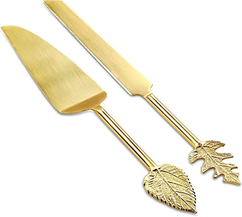 Folkulture Wedding Cake Knife and Server Set, Stainless Steel Cake Cutting Set or Pie Patry Serving Set, Large 2-piece Dessert Set, Gold Leaf Gold - Leaf