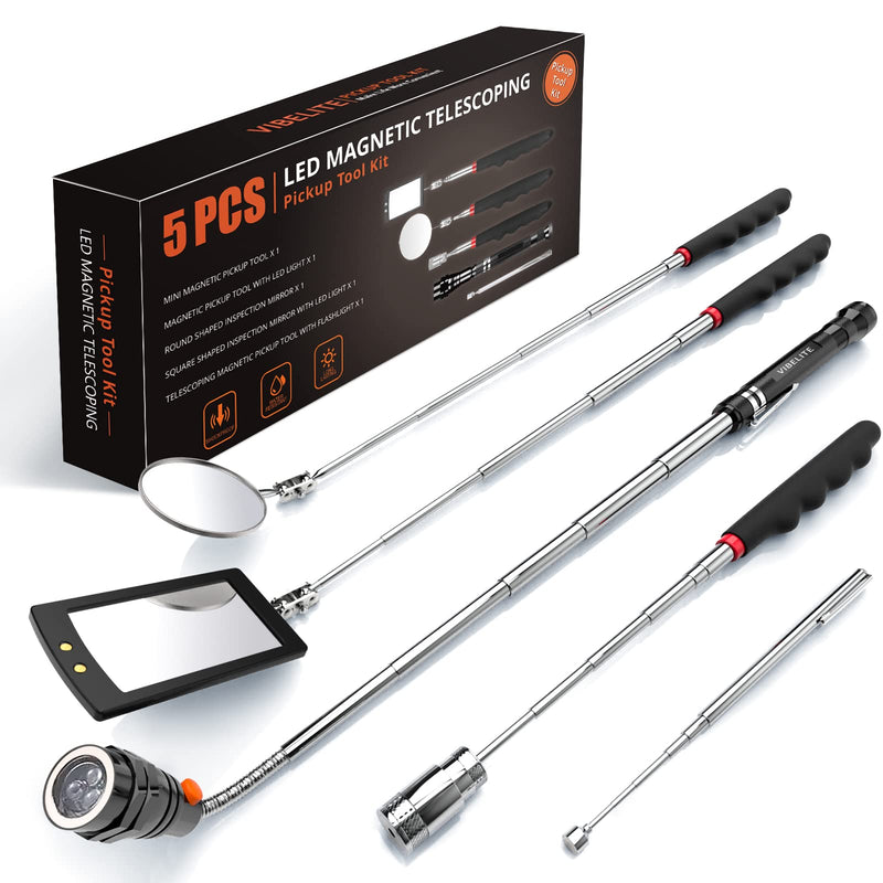 [Australia - AusPower] - Telescoping Magnetic Pick Up Tool Magnetic Sweepers with 1 lb and 15 lb Pickup Rod, Round and Square 360 Swivel Adjustable Inspection Mirror and Flexible LED Flashlight, Fathers Day Gifts for Dad, Men Black Magnetic Tool Set 