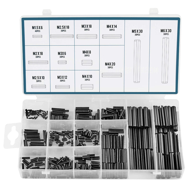 ZELCAN 400pc Roll Pin Set | M1.5 M2 M2.5 M3 M4 M5 M6 Slotted Metric Spring Pins in Various Lengths | Steel Split Expansion Pin Hardware Assortment Kit Metric Roll Pin 400