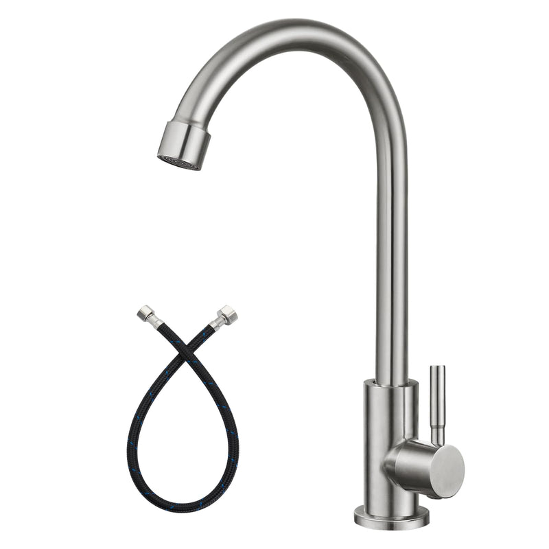 Heyalan Cold Water Only Kitchen Faucet SUS304 Sink Faucets High Arc Gooseneck 360 Degree Rotation Spout Basin Tap with Longer Thread Pipee,Brushed Nickel Brushed Nickel 1