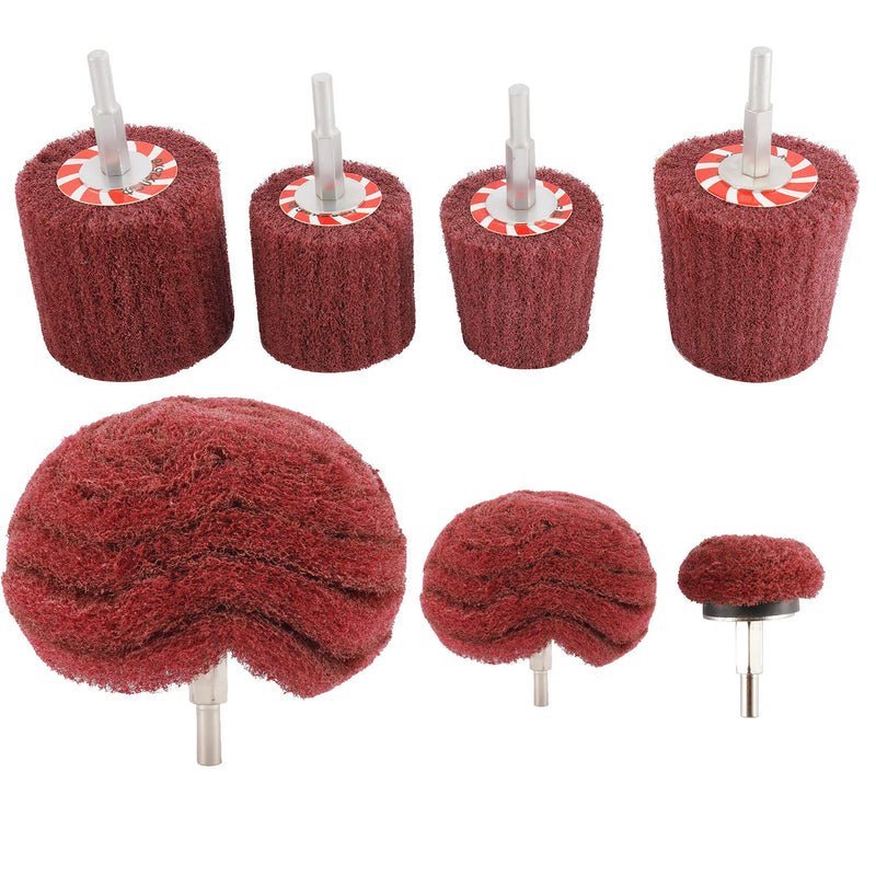 [Australia - AusPower] - HighFree 7 PCS Non Woven Abrasive Buffing Wheels Drill Attachment Set, Scouring Pads Wheel with 1/4" Shank for Polishing Mirror Stainless Steel Copper Aluminum Wood-Wares red 