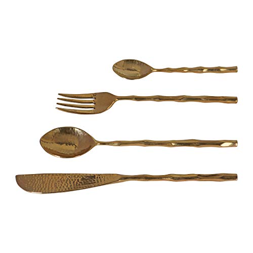 DeKulture handmade pure brass 4-piece gold cutlery set for dining and serving, featuring elegant flatware design.