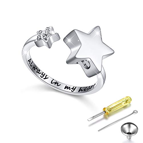 S925 Sterling Silver Star Cremation Urn Ring Always In My Heart Memorial Ashes Keepsakes Adjustable Open Thumb Finger Ring Memorial Day Jewelry for Women Stars Urn 9